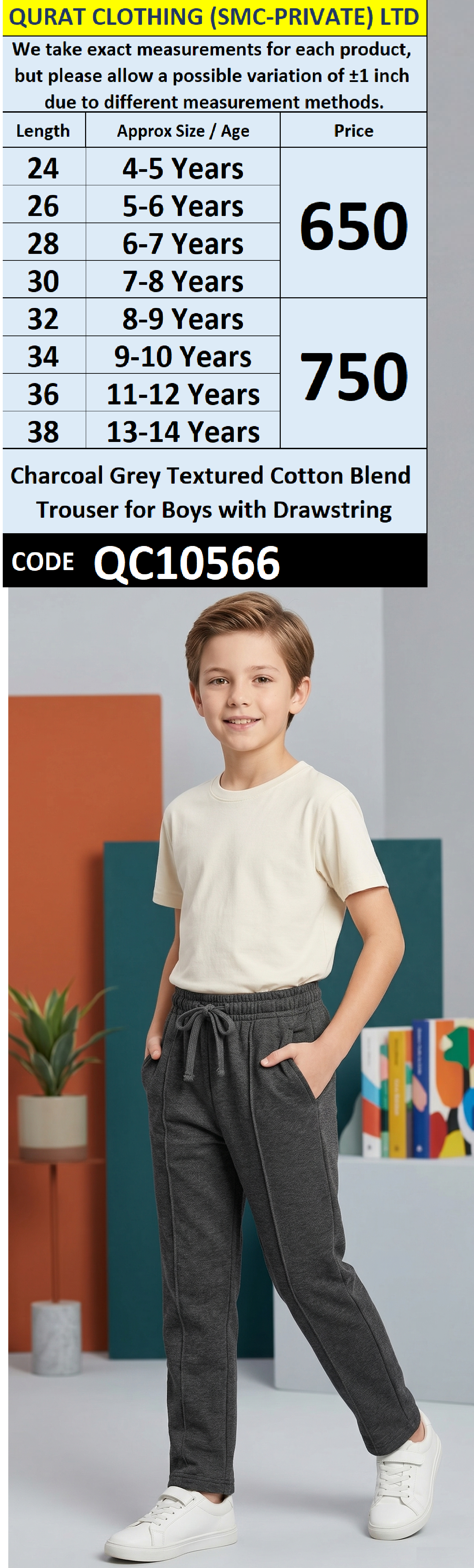Charcoal Grey Textured Cotton Blend Trouser for Boys with Drawstring QC10566