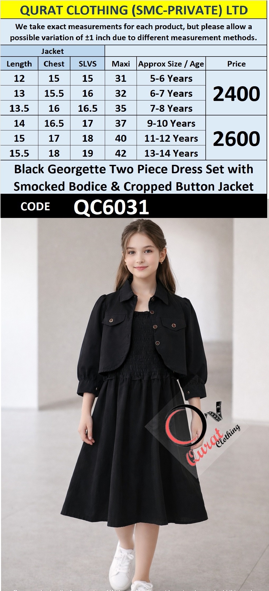 Black Georgette Two Piece Dress Set with Smocked Bodice & Cropped Button Jacket – QC6031 - QC6031