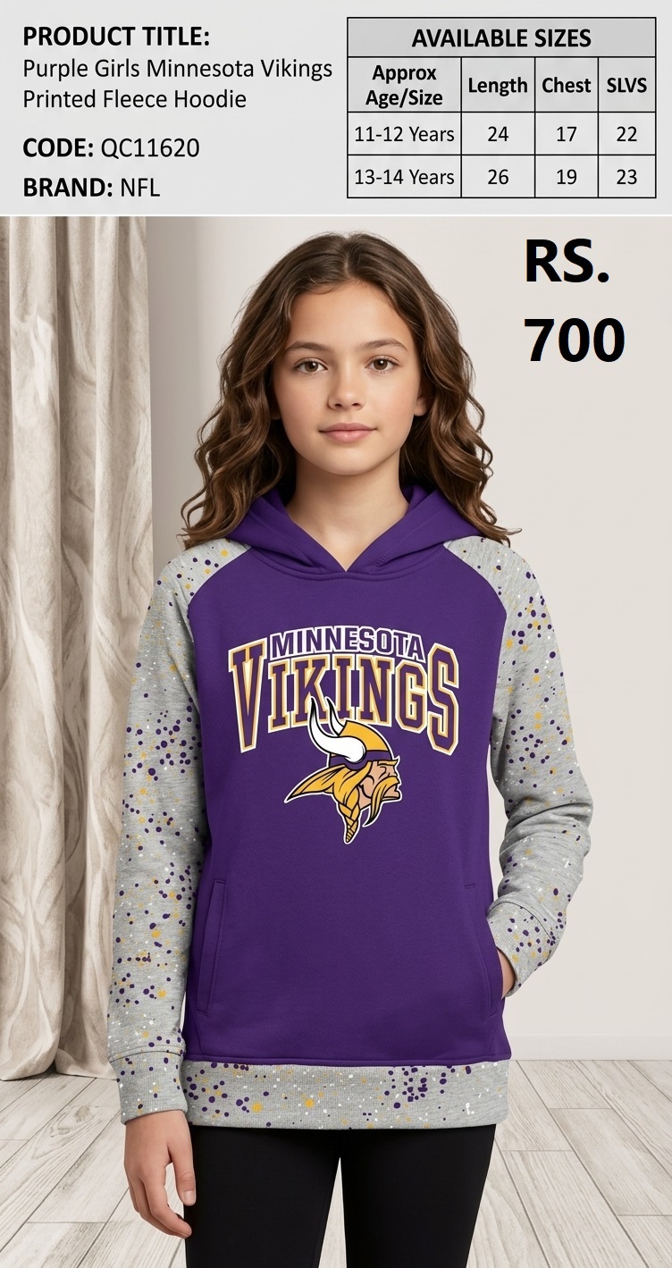 NFL Purple Girls Minnesota Vikings Printed Fleece Hoodie – QC11620