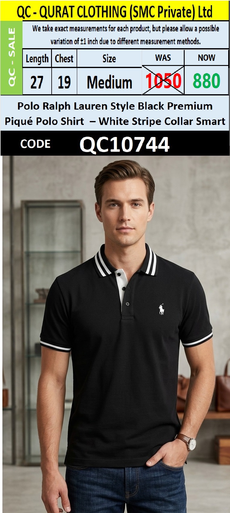 Polo Ralph Lauren Style Black Premium Piqué Polo Shirt – White Stripe Collar Smart Fit QC10744