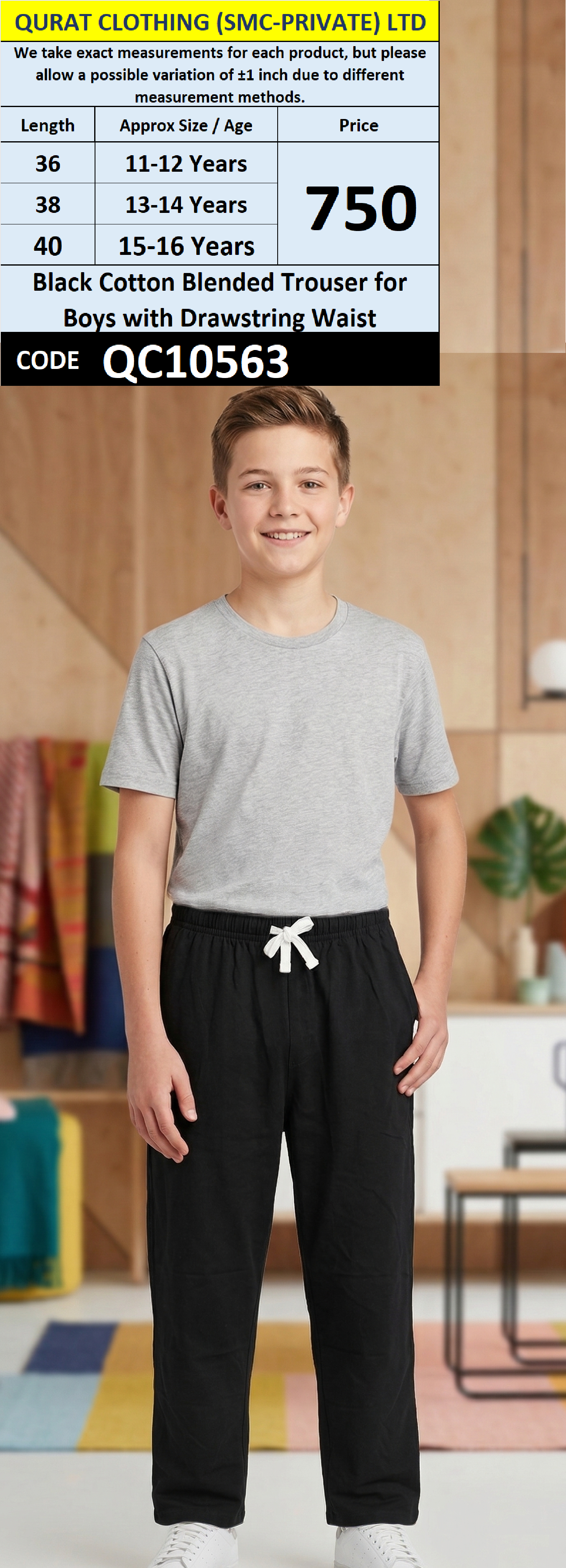 Black Cotton Blended Trouser for Boys with Drawstring Waist QC10563