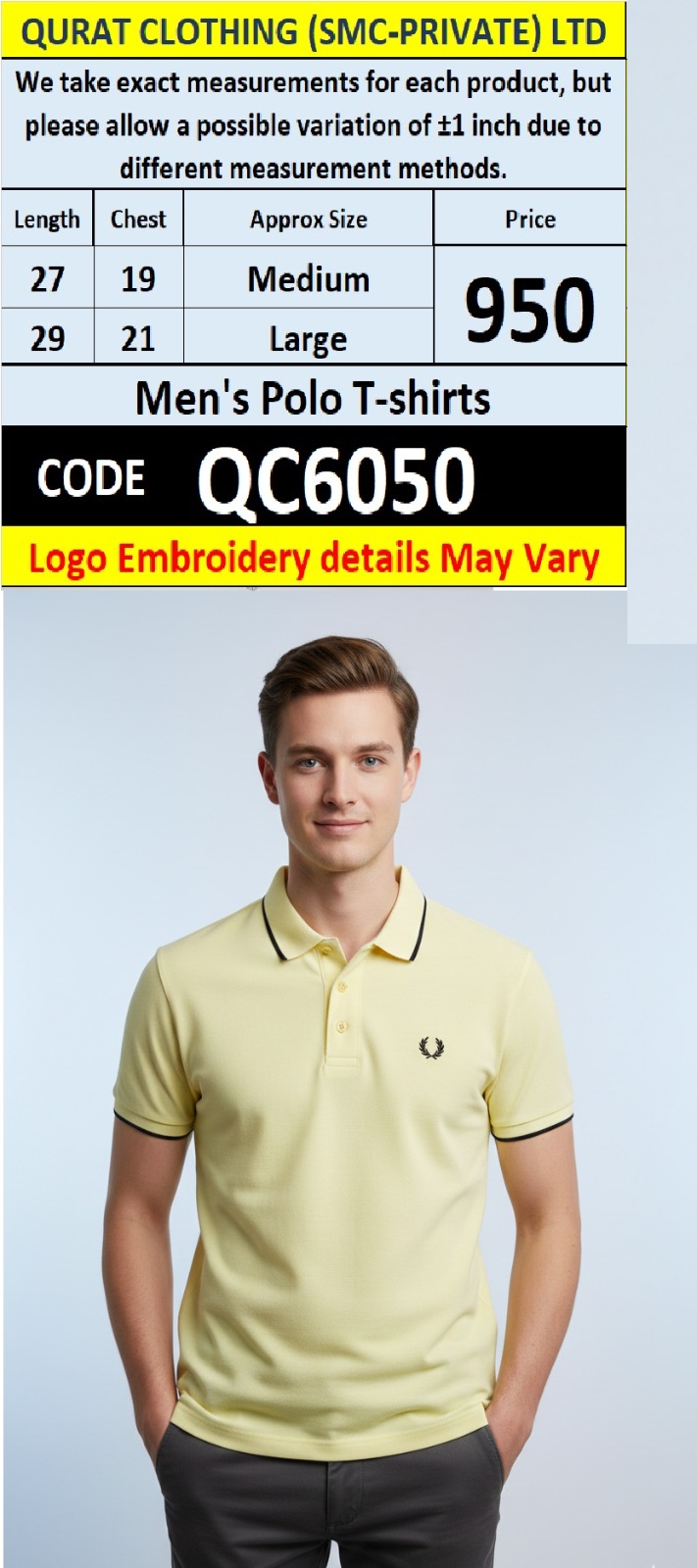 Light Yellow PK Cotton Piqué Polo T-Shirt Embroidered Logo Men’s Regular Fit – QC6050