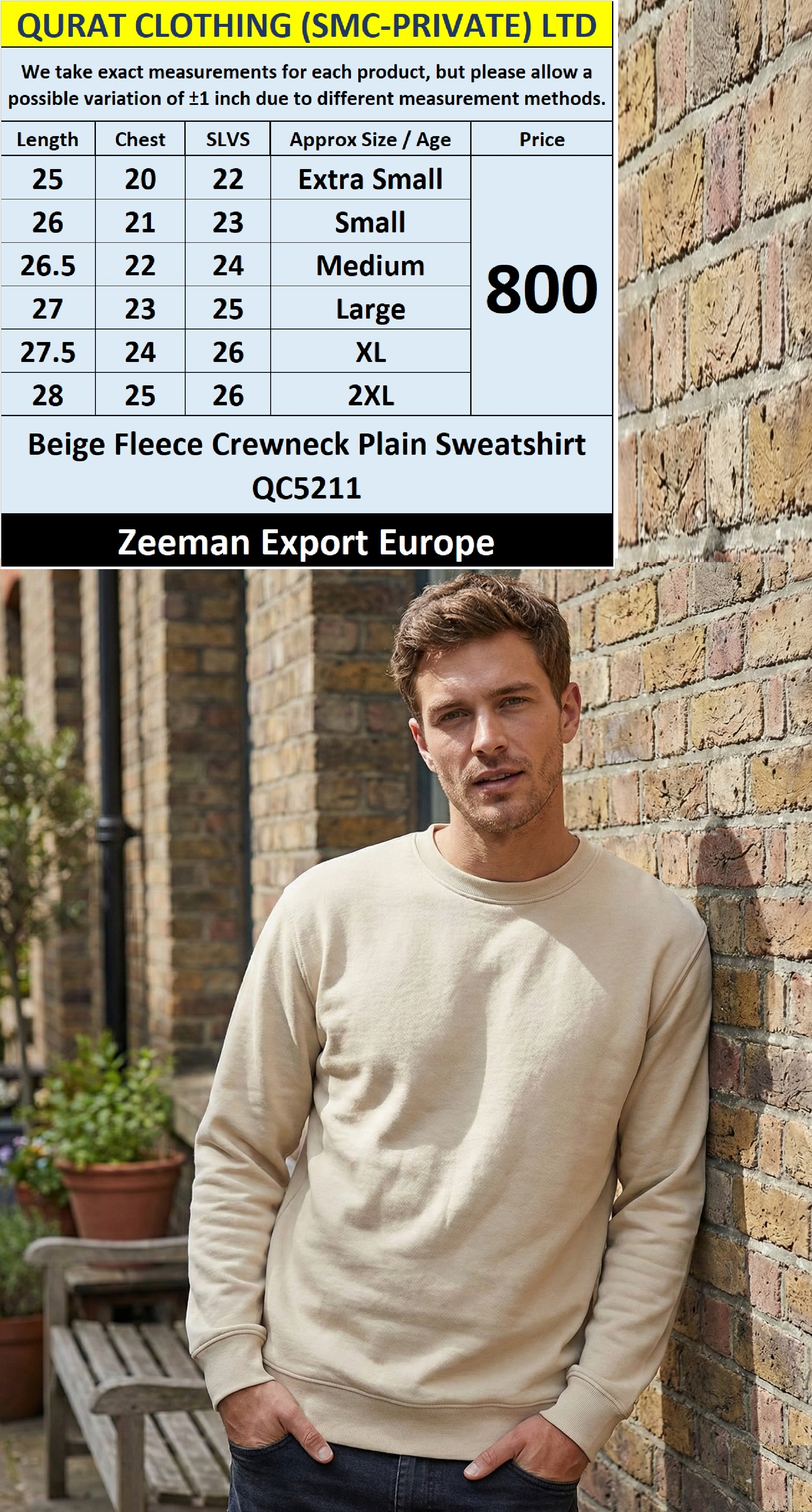 Zeeman Beige Plain Fleece Crewneck Sweatshirt QC5211