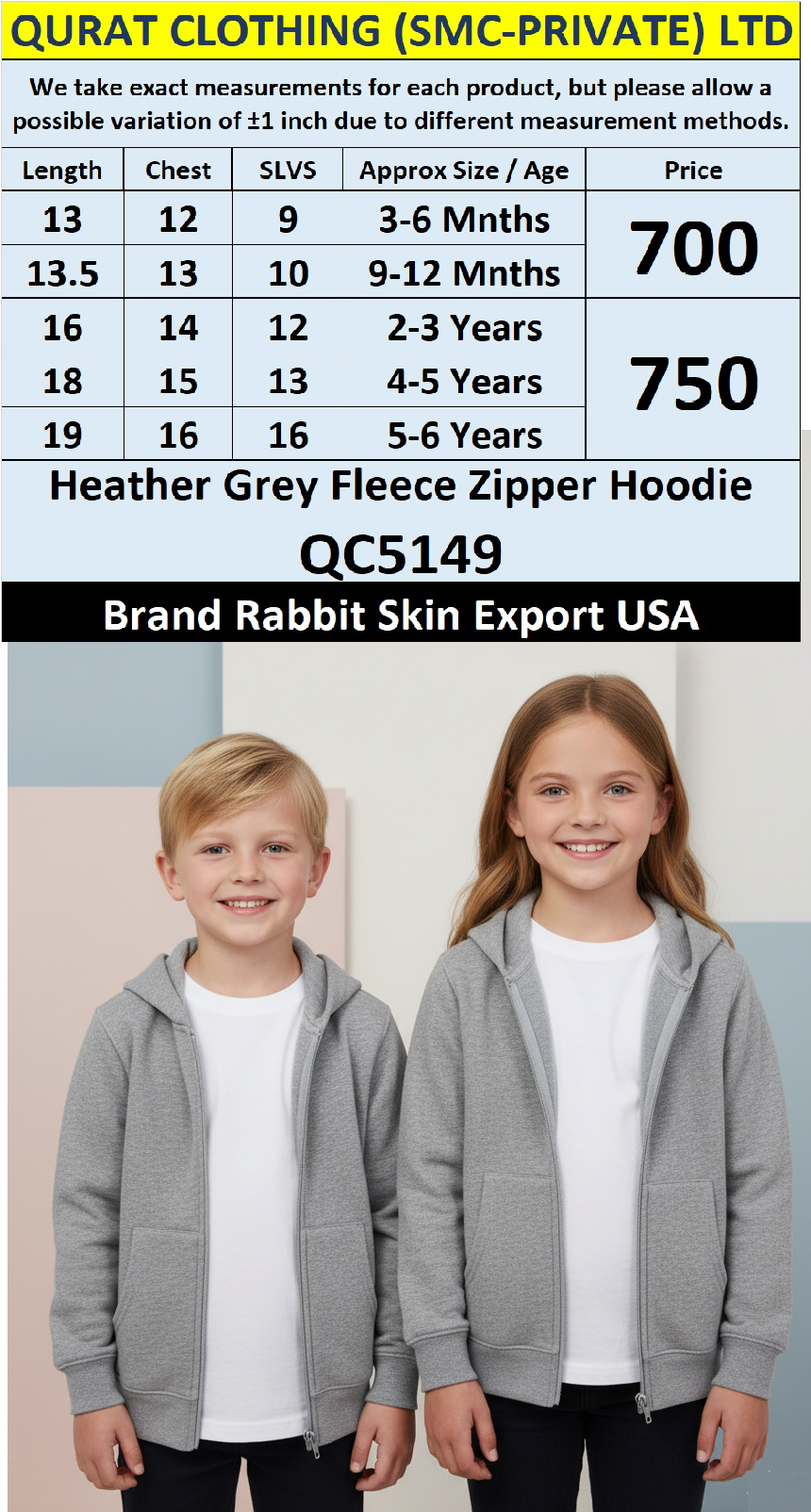Rabbit Skin Heather Grey Fleece Zipper Hoodie QC5149 – Export USA