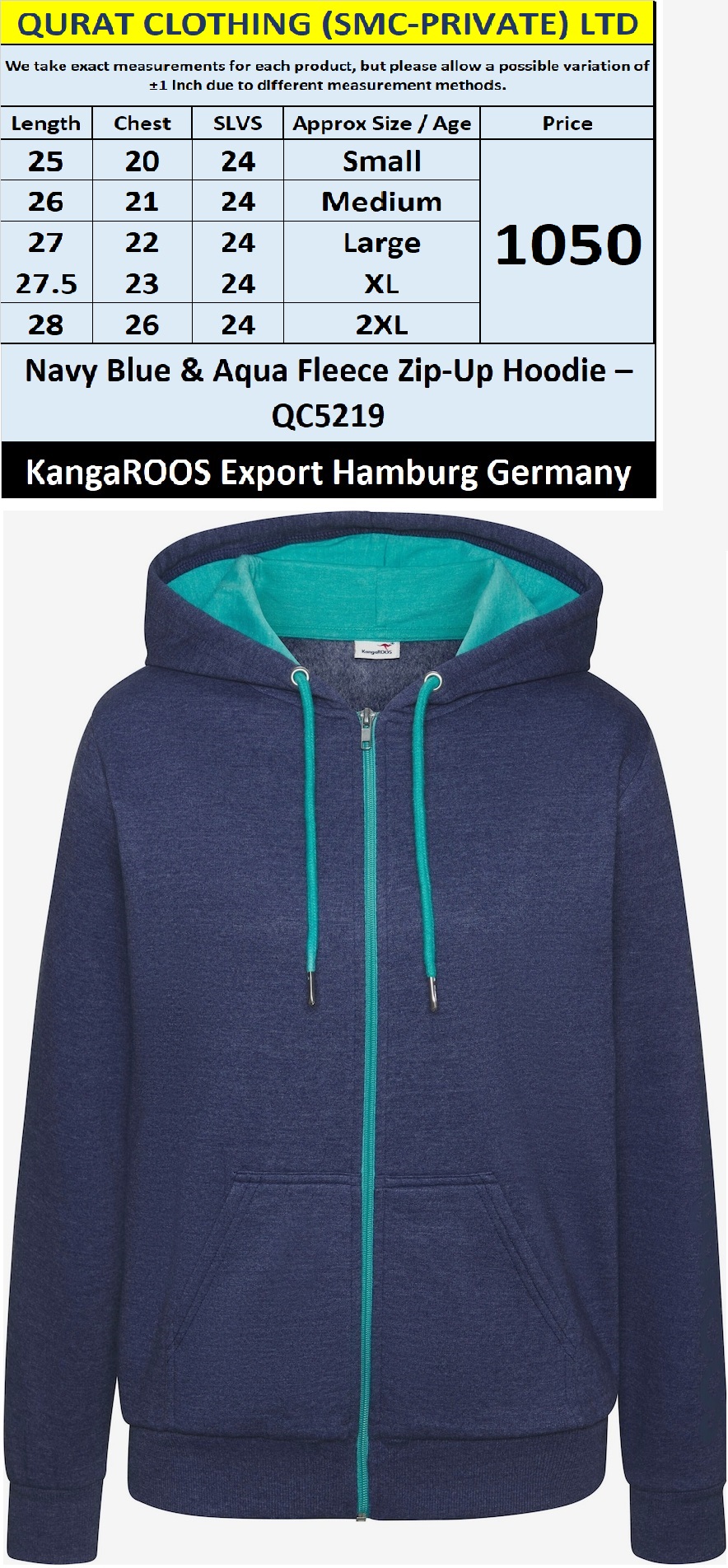 KangaROOS Brand Navy Blue & Aqua Fleece Zip-Up Hoodie QC5219 – Export Hamburg Germany