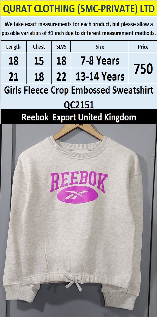 Reebok Brand Girls Fleece Crop Embroidered Sweatshirt QC2151 Export United Kingdom