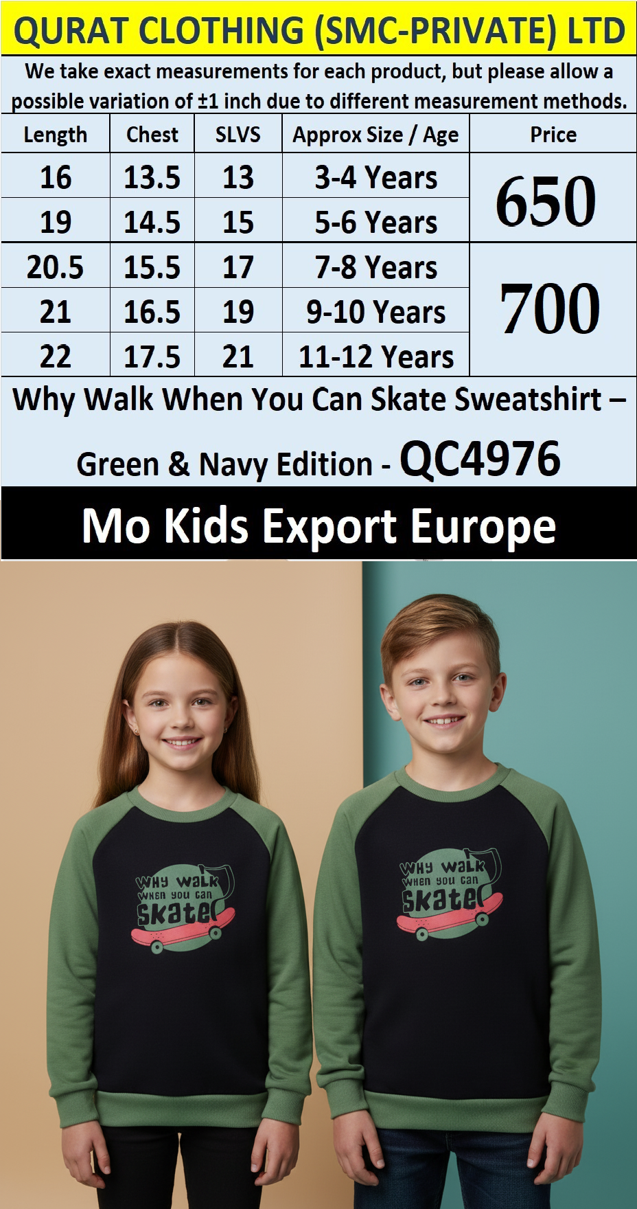 Mo Kids “Why Walk When You Can Skate” Fleece Sweatshirt QC4976 – Green & Navy Edition – Export Europe