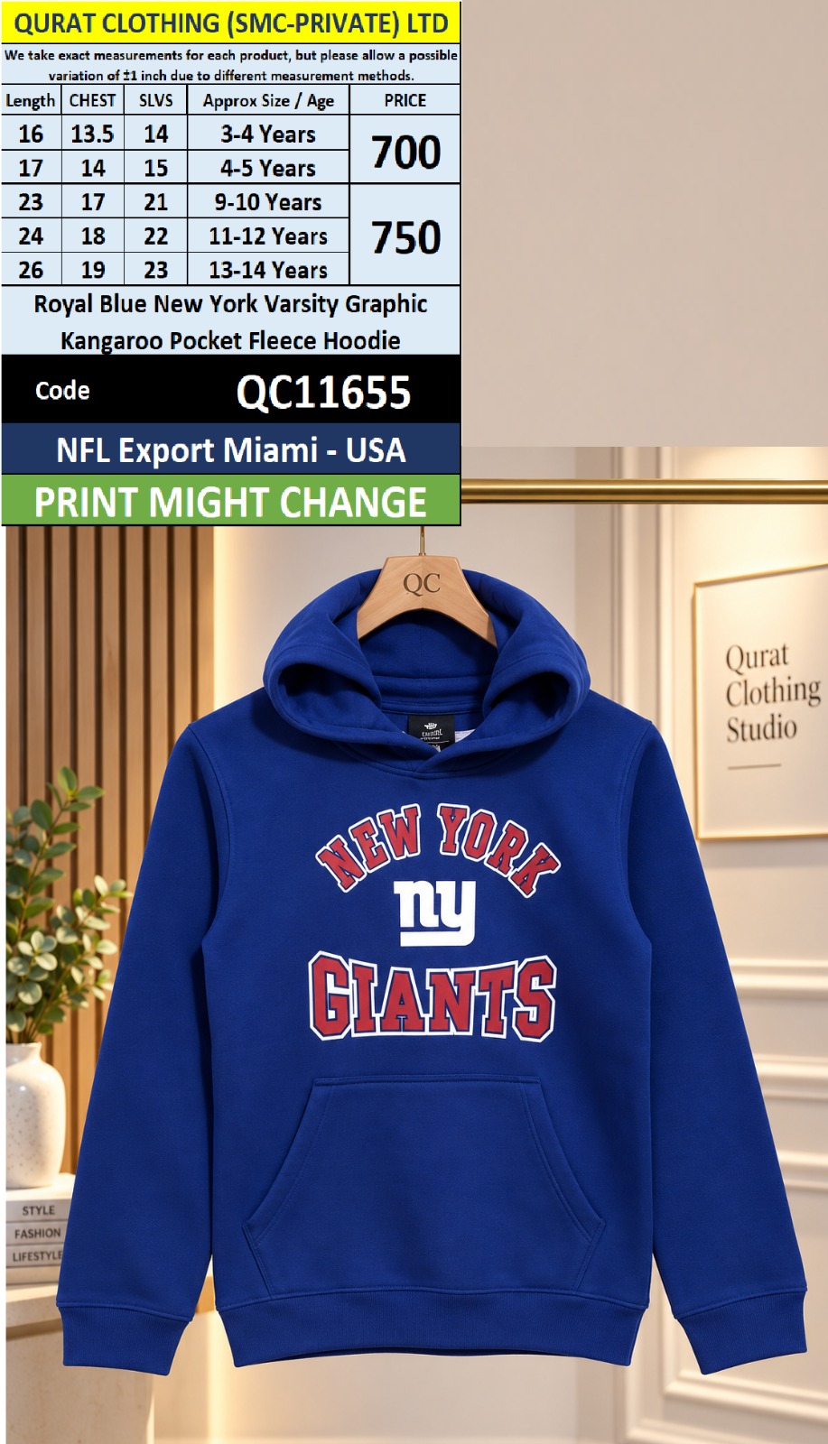 NFL Export Miami USA Royal Blue New York Varsity Graphic Kangaroo Pocket Fleece Hoodie QC11655