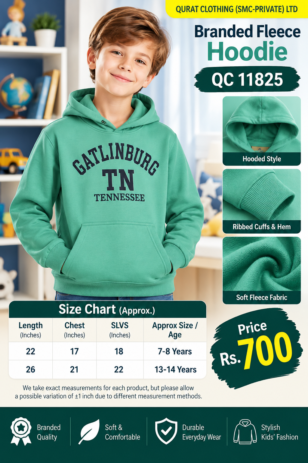 Branded Mint Green Fleece Hoodie with Gatlinburg TN Tennessee lettering and kangaroo pocket — QC11825