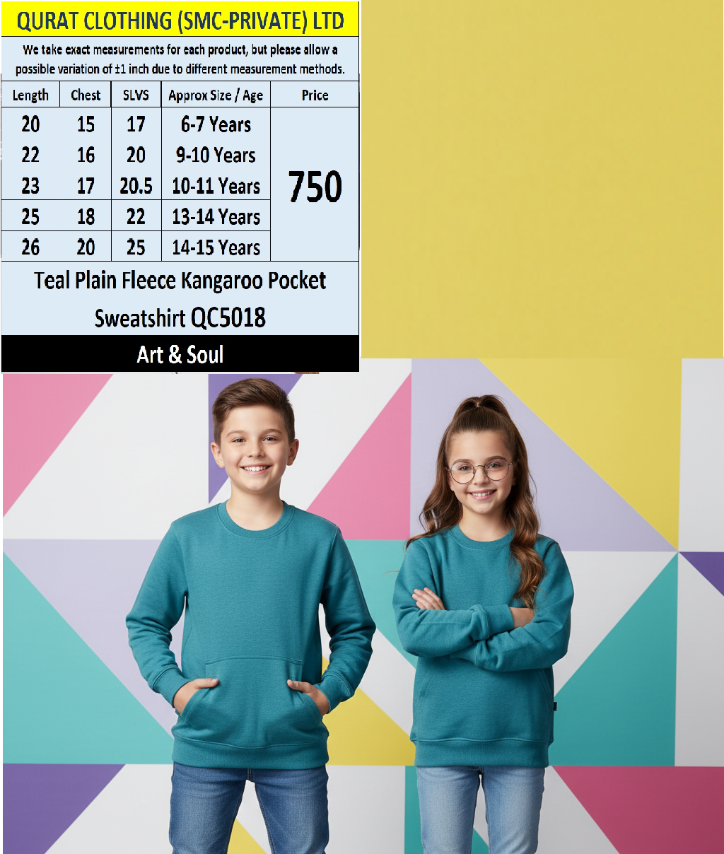 Art & Soul Teal Plain Fleece Kangaroo Pocket Sweatshirt QC5018 – Export Quality