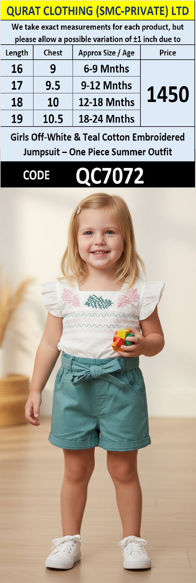 Girls Off-White & Teal Cotton Embroidered Jumpsuit – One Piece Summer Outfit QC7072 - QC7072