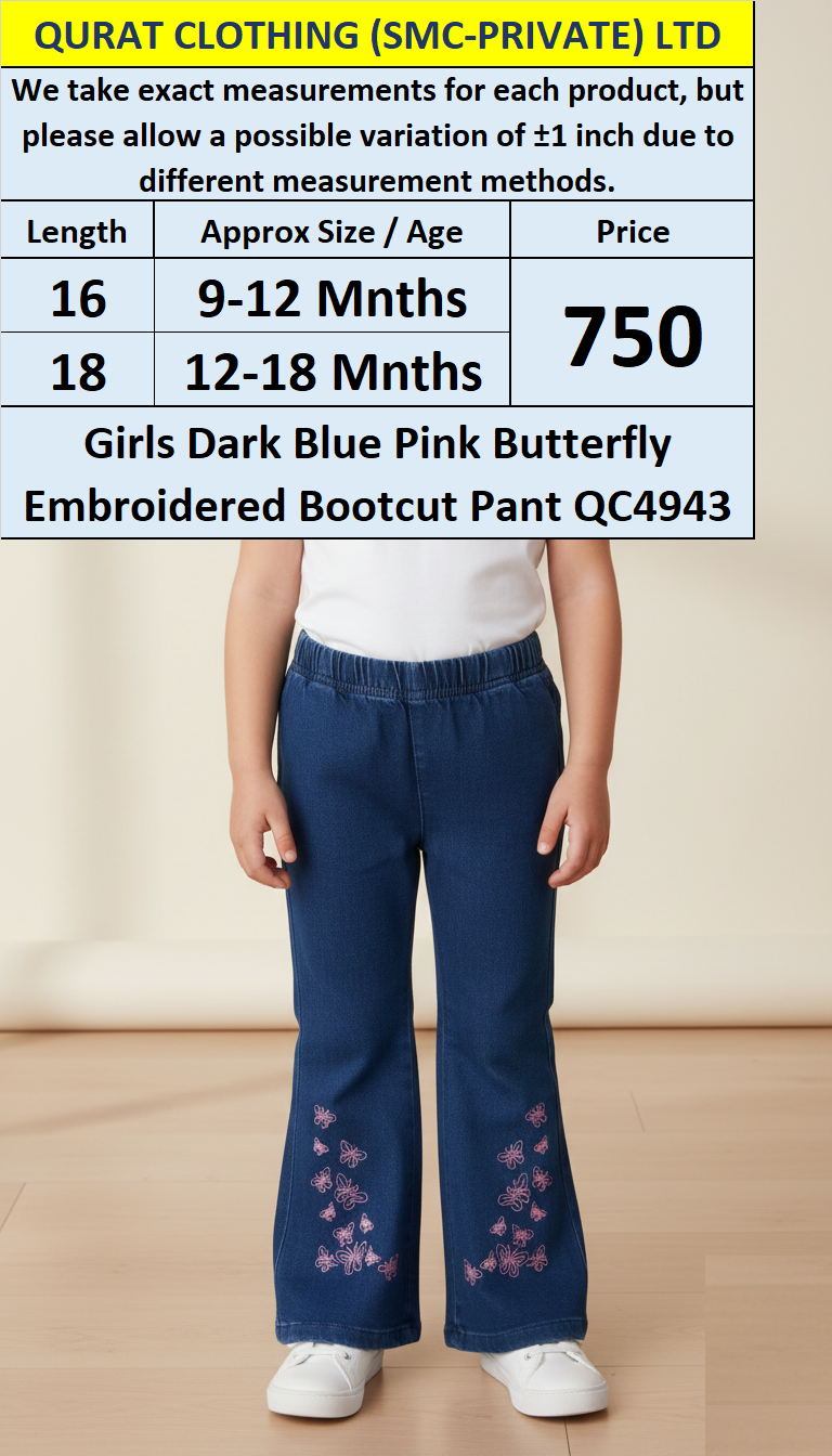 Girls Dark Blue Pink Butterfly Embroidered Bootcut Pant QC4943