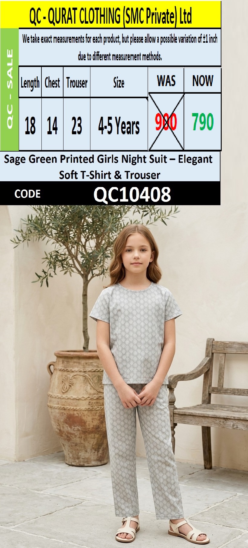 Sage Green Printed Girls Night Suit – Elegant Soft T-Shirt & Trouser Set QC10408