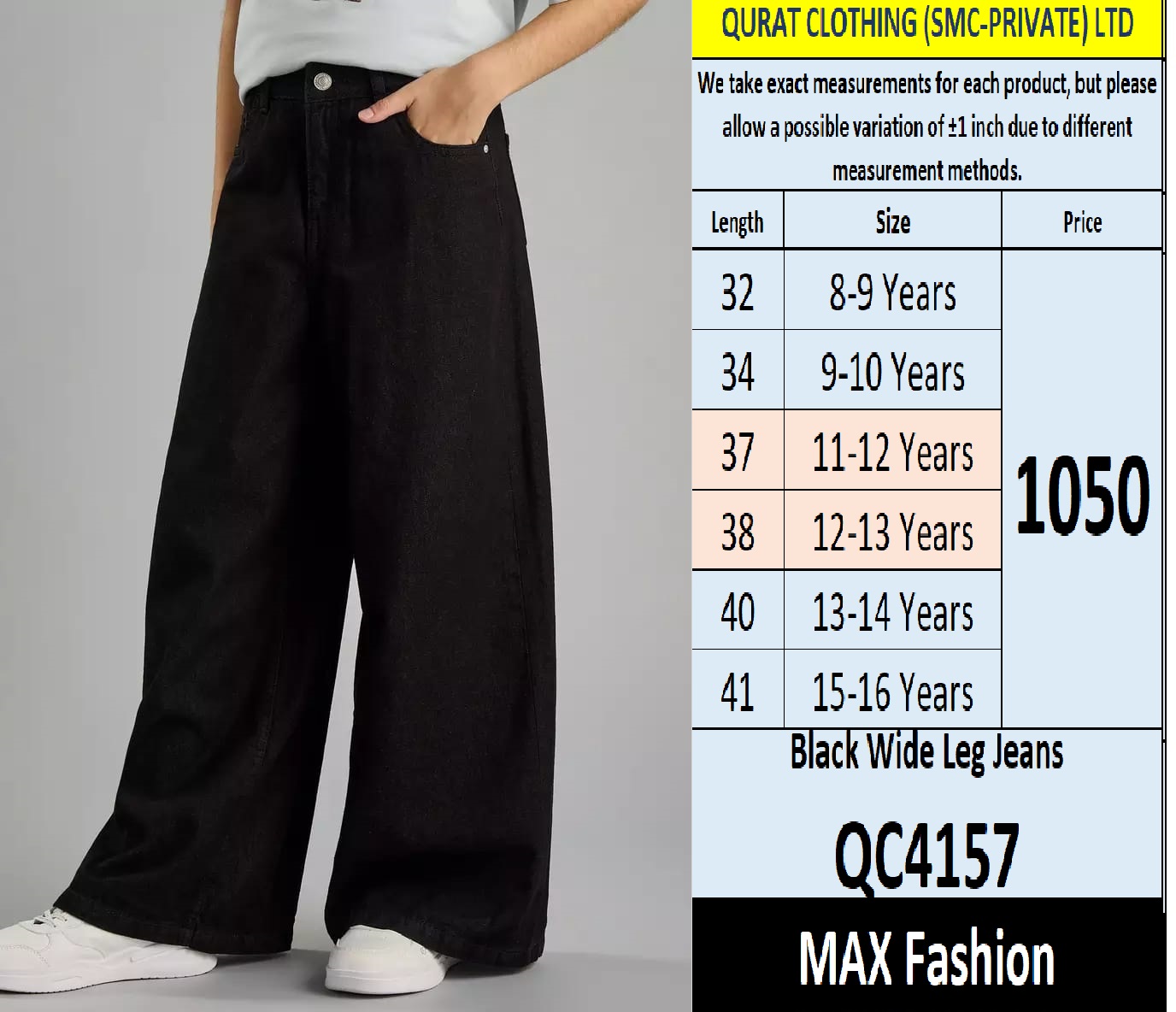 Max Fashion Brand Black Wide Leg Jeans QC4157 Export UAE