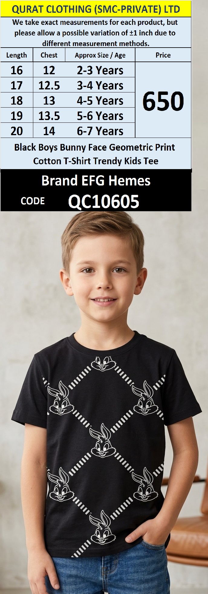 Black Boys Bunny Face Geometric Print Cotton T-Shirt Trendy Kids Tee – QC10605