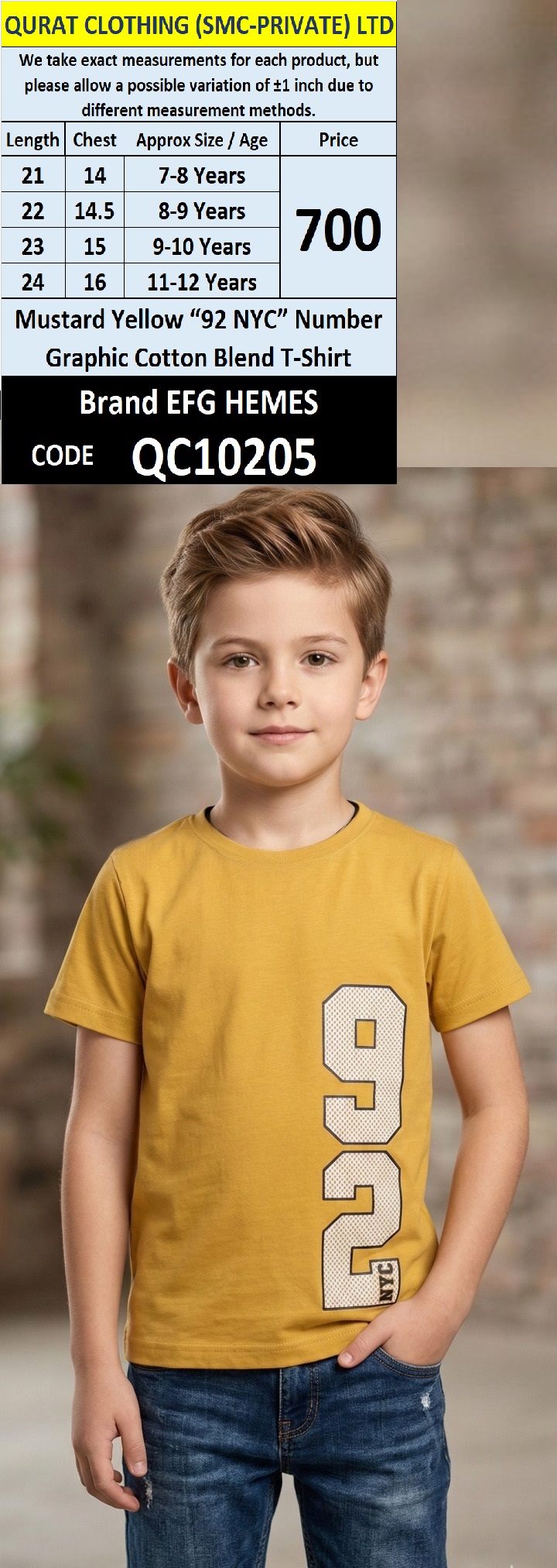 Mustard Yellow “92 NYC” Number Graphic Cotton Blend T-Shirt – Brand EFG HEMES – QC10205