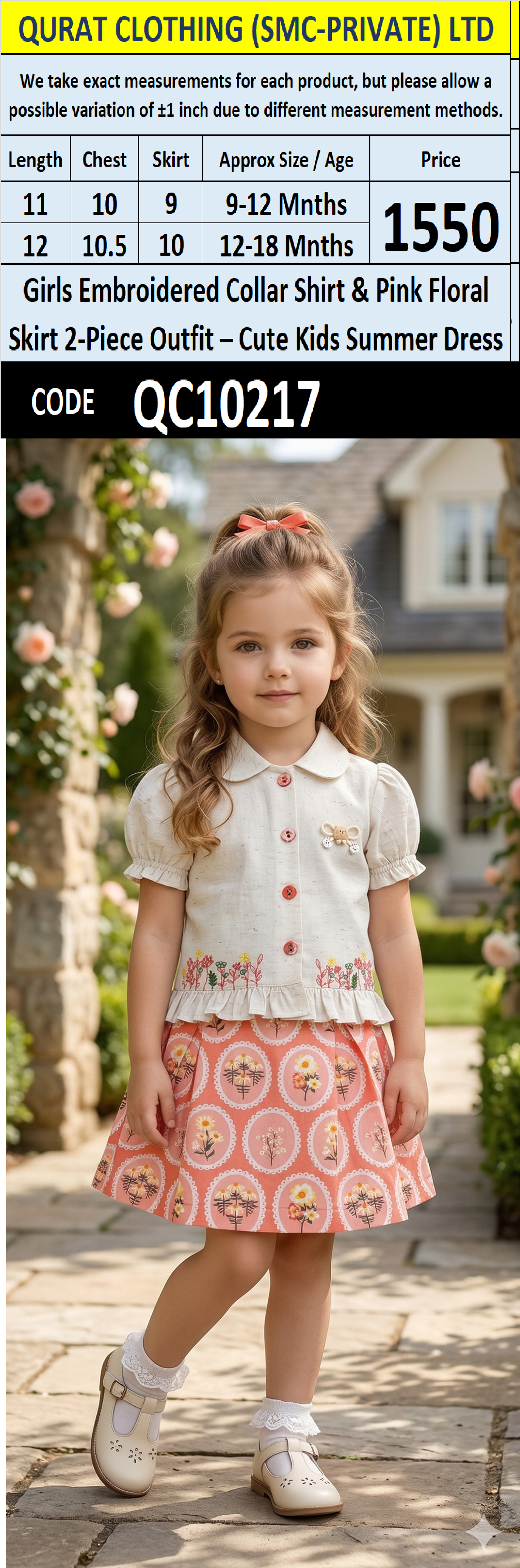 Girls Embroidered Collar Shirt & Pink Floral Skirt 2-Piece Outfit – Cute Kids Summer Dress – QC10217 - QC10217