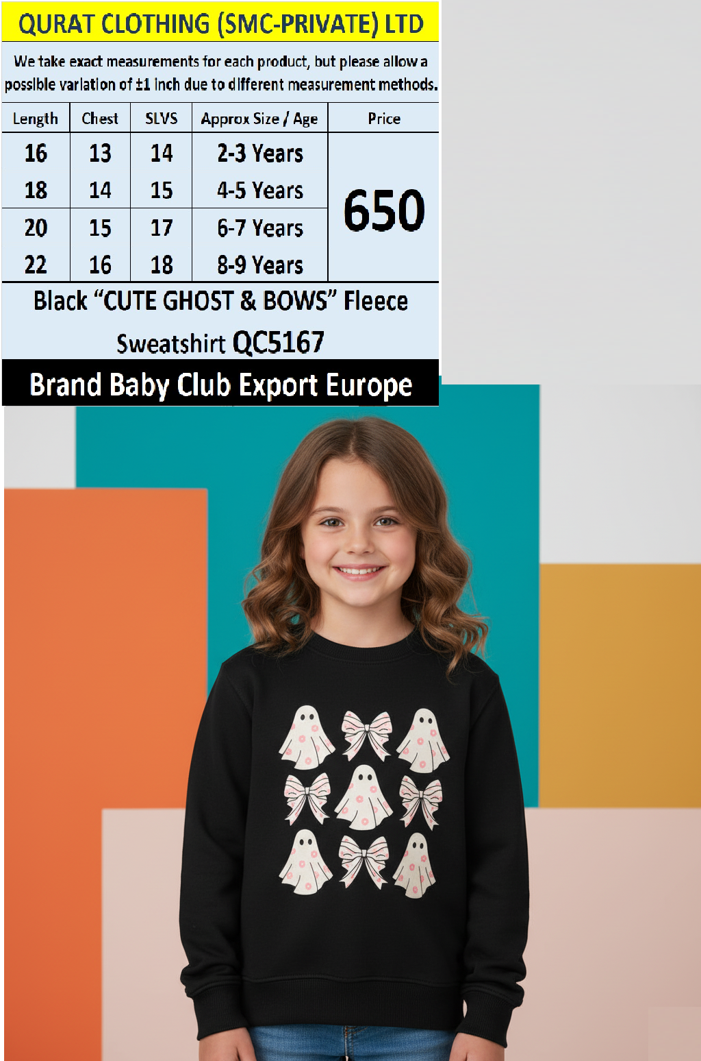 Baby Club Black “Cute Ghost & Bows” Fleece Sweatshirt QC5167 – Export Europe