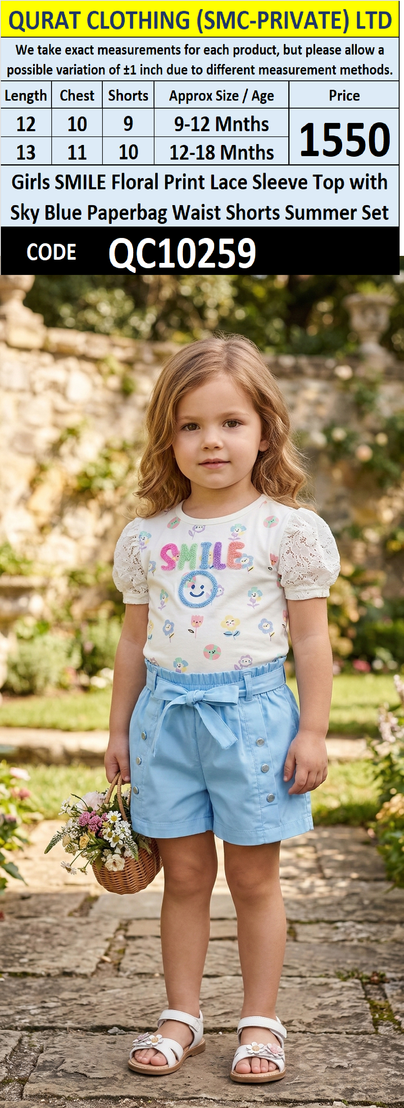 Girls SMILE Floral Print Lace Sleeve Top with Sky Blue Paperbag Waist Shorts Summer Set – QC10259