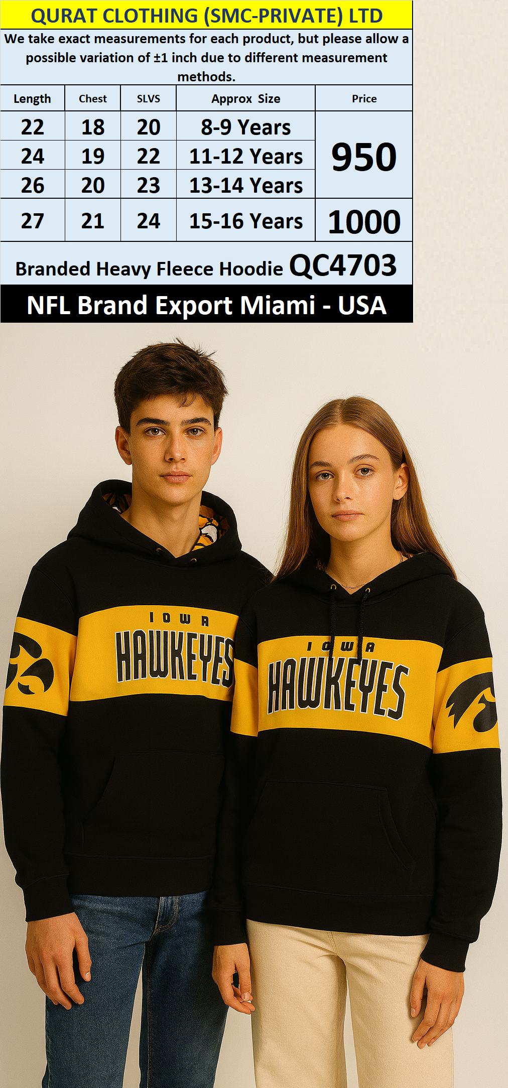 NFL Brand Heavy Fleece Hoodie QC4703 Export Miami - USA