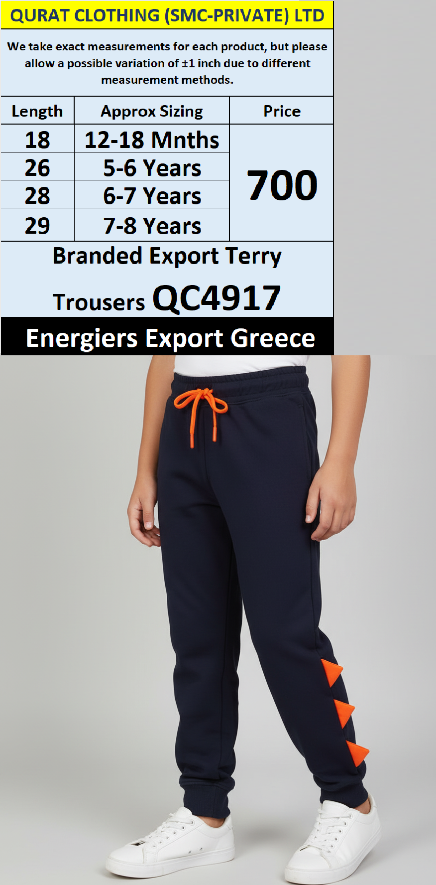 Energiers Brand Navy Blue Terry Jogger Trousers with Orange Triangle Detail QC4917