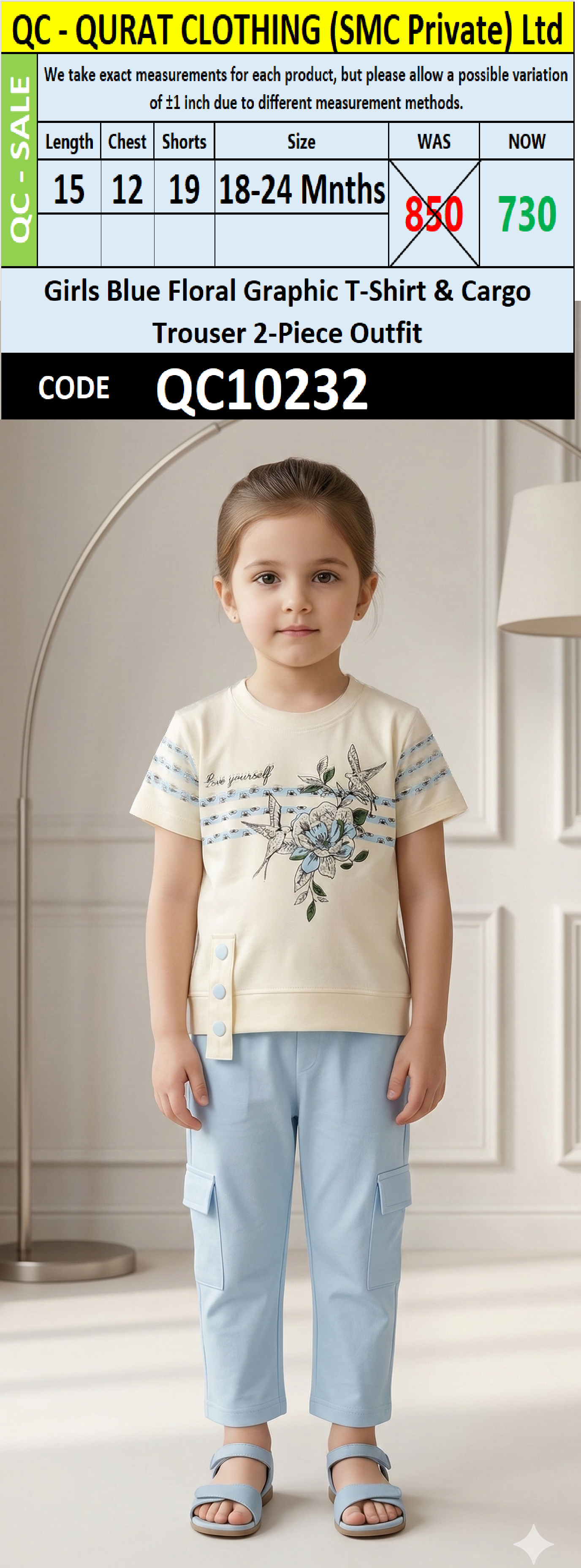 Girls Blue Floral Graphic T-Shirt & Cargo Trouser 2-Piece Outfit – QC10232