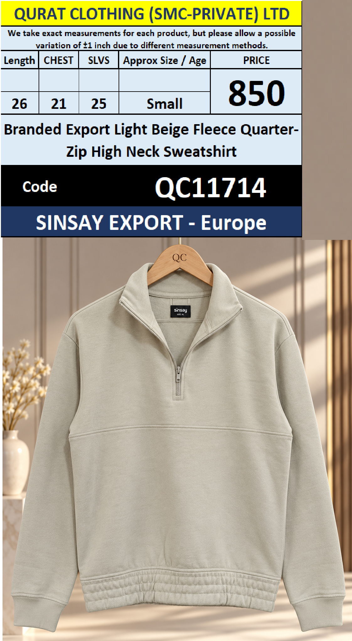 Sinsay Export Europe Branded Export Light Beige Fleece Quarter-Zip High-Neck Sweatshirt QC11714
