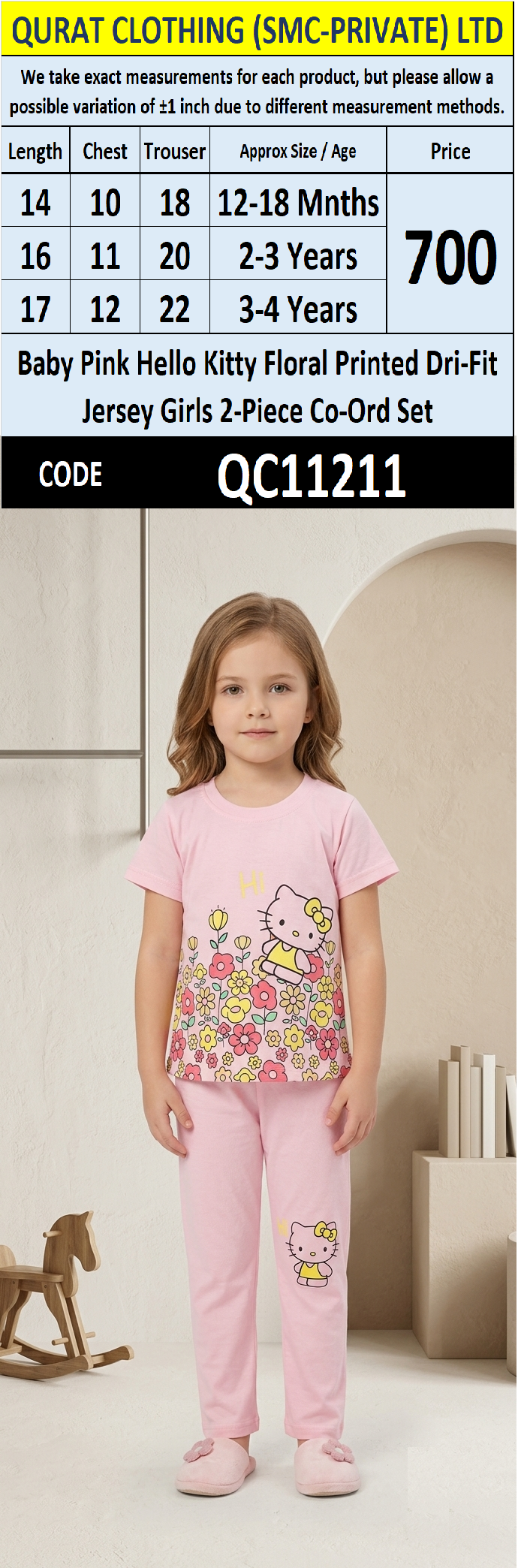 Baby Pink Hello Kitty Floral Printed Dri-Fit Jersey Girls 2-Piece Co-Ord Set QC11211