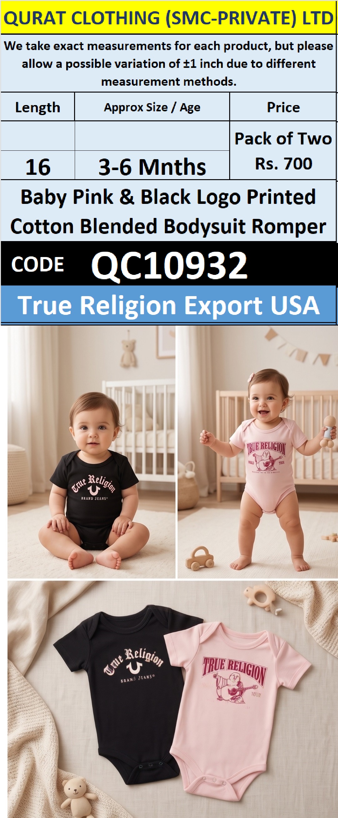 True Religion Export USA Baby Pink & Black Logo Printed Cotton Blended Bodysuit Romper Pack of Two QC10932