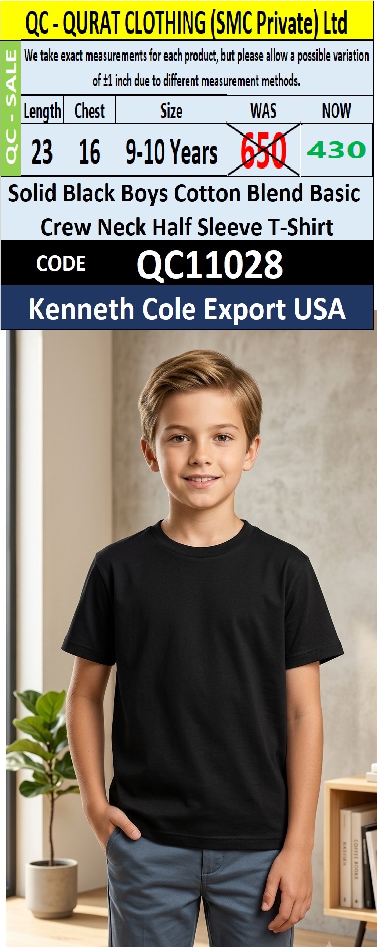 Solid Black Boys Cotton Blend Basic Crew Neck Half Sleeve T-Shirt – QC11028 – Kenneth Cole Export USA