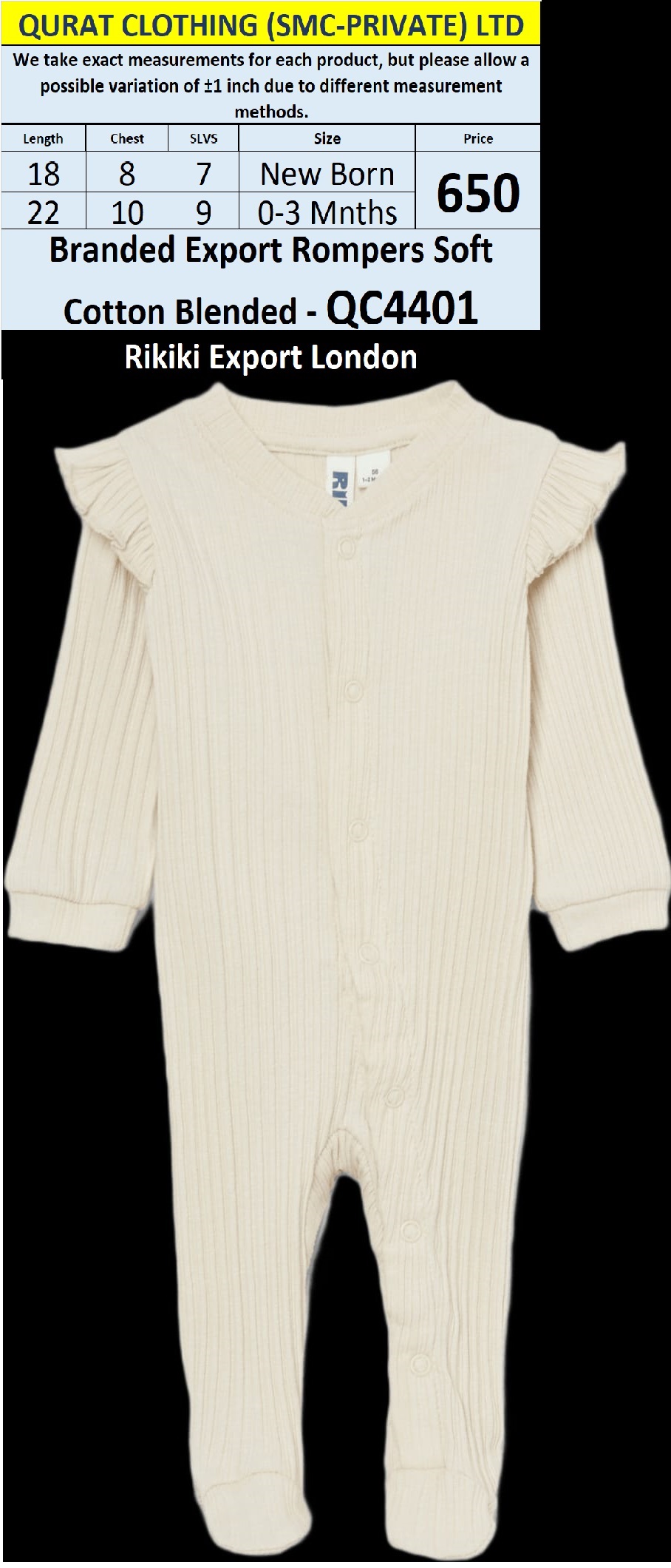 Rikiki Brand Soft Cotton Blended Romper Export London - QC4401