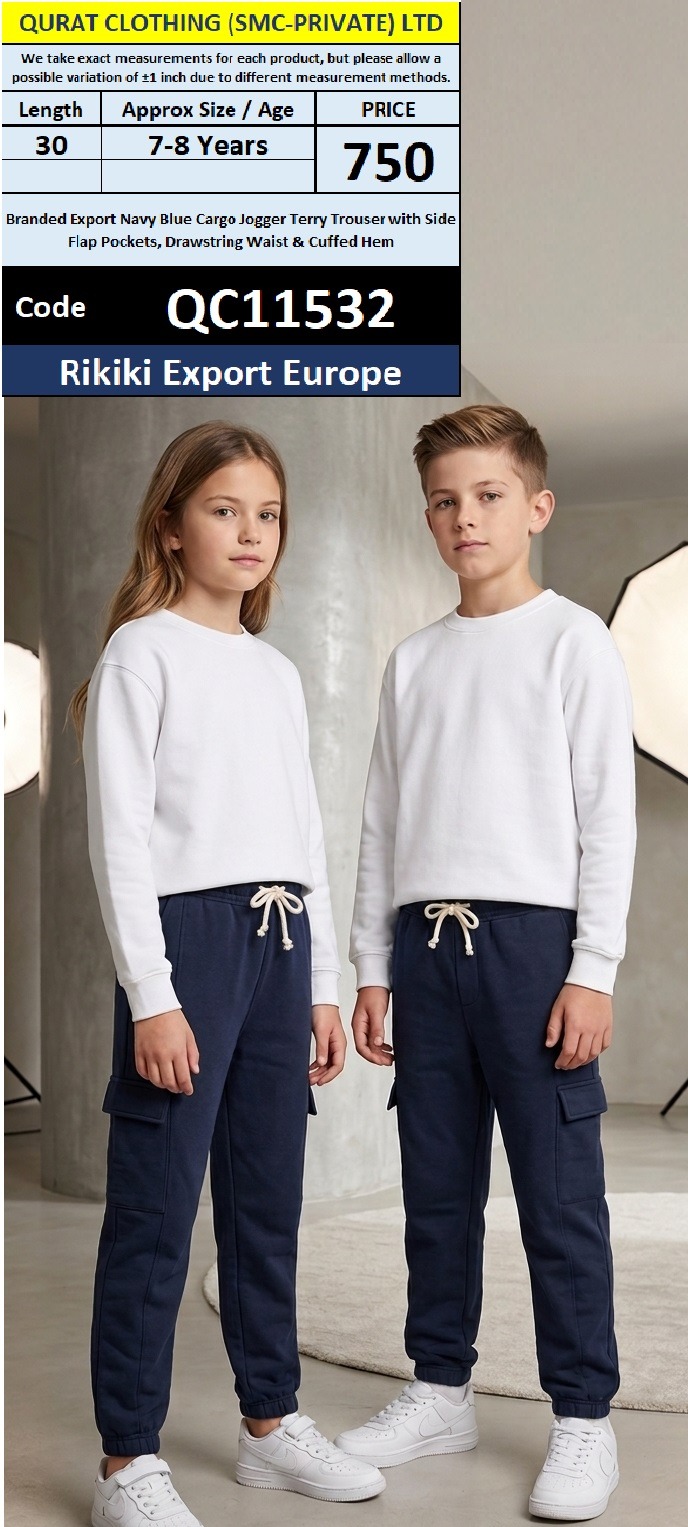 Rikiki Export Europe Branded Navy Blue Cargo Jogger Terry Trouser with Side Flap Pockets, Drawstring Waist & Cuffed Hem – QC11532