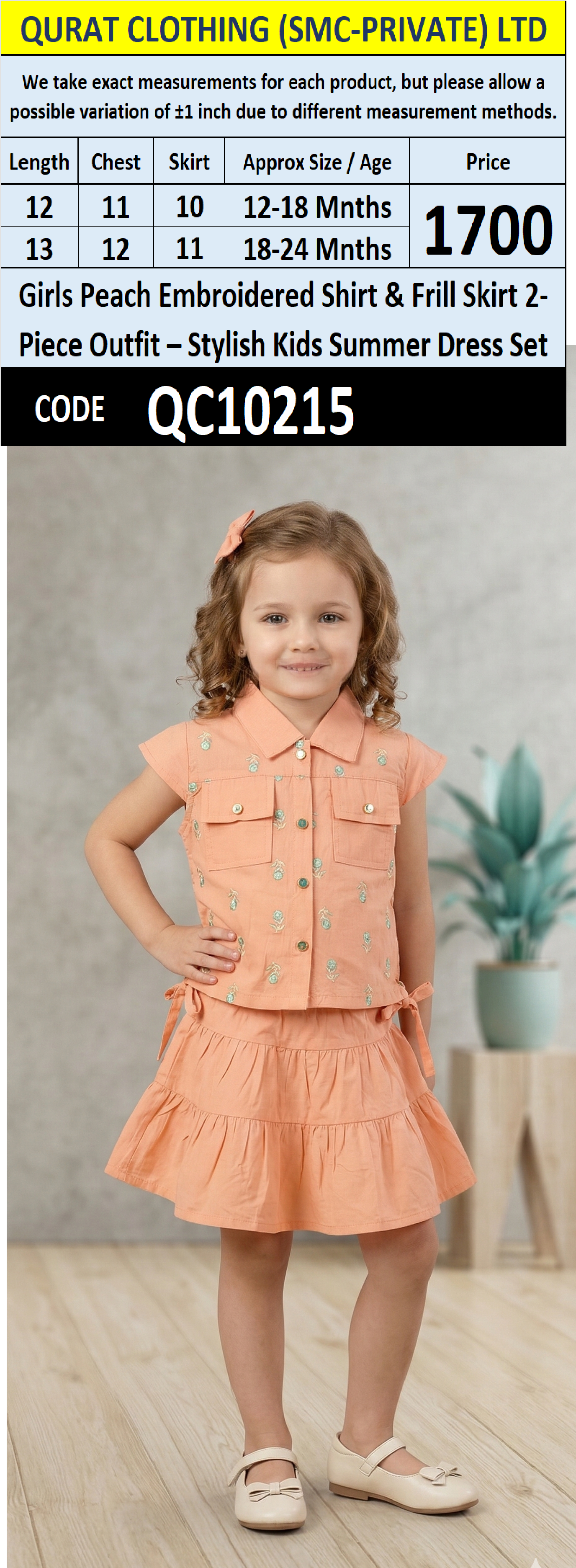 Girls Peach Embroidered Shirt & Frill Skirt 2-Piece Outfit – Stylish Kids Summer Dress Set – QC10215 - QC10215