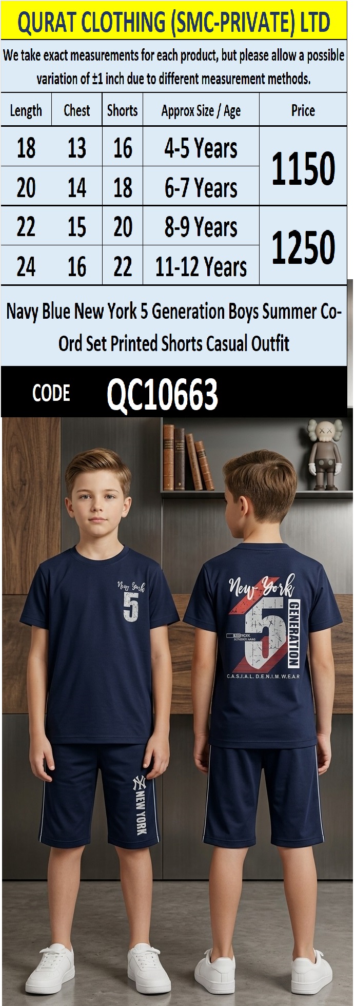 Navy Blue New York 5 Generation Boys Summer Co-Ord Set Printed Shorts Casual Outfit QC10663