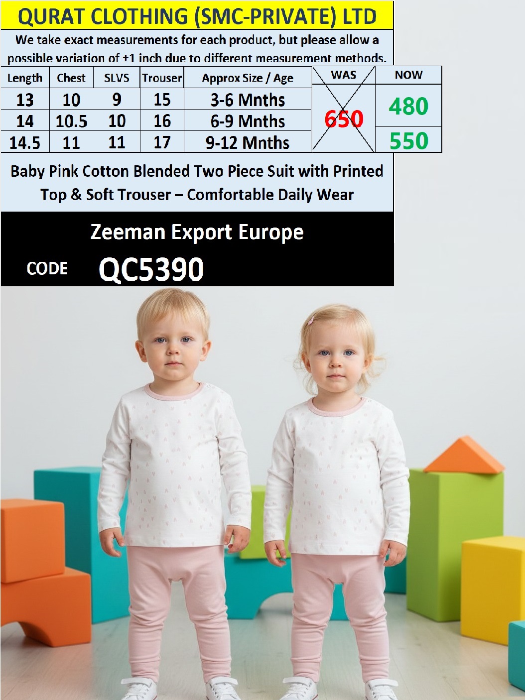 Zeeman Baby Pink Cotton-Blended Printed Top & Soft Trouser 2-Piece Suit QC5390 – Export Europe