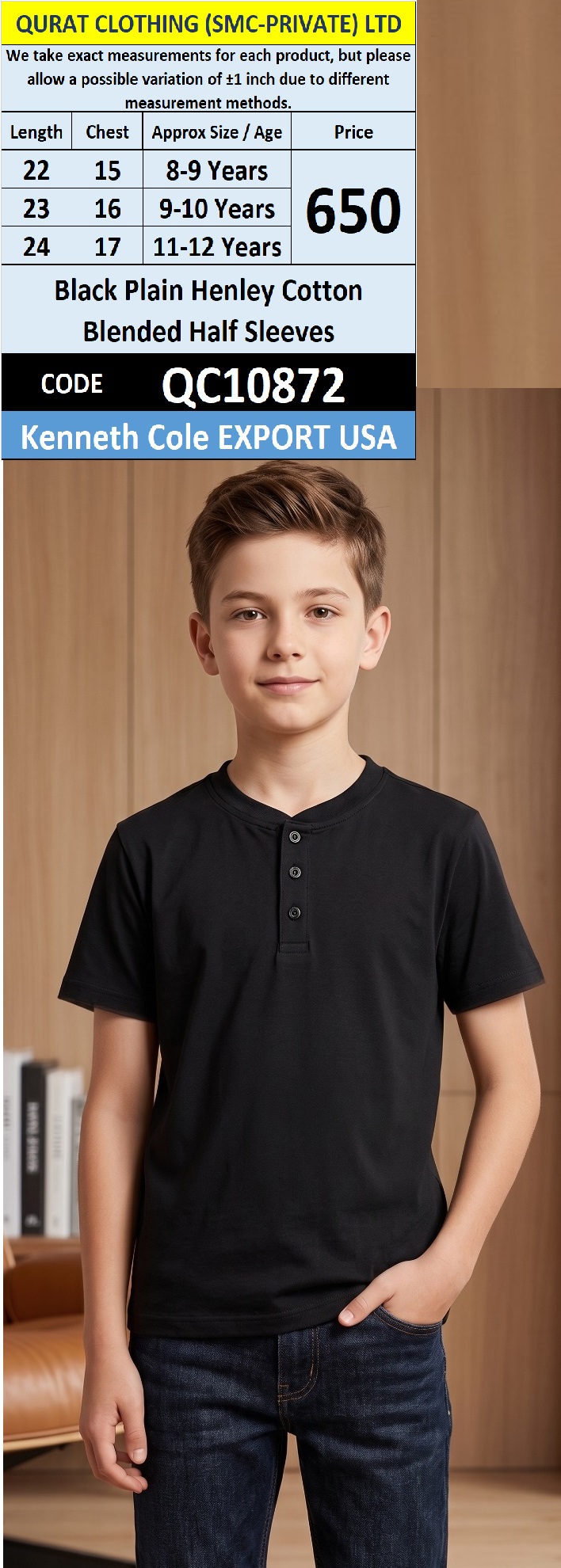 Black Plain Henley Cotton Blended Half Sleeves QC10872 – Kenneth Cole Export USA