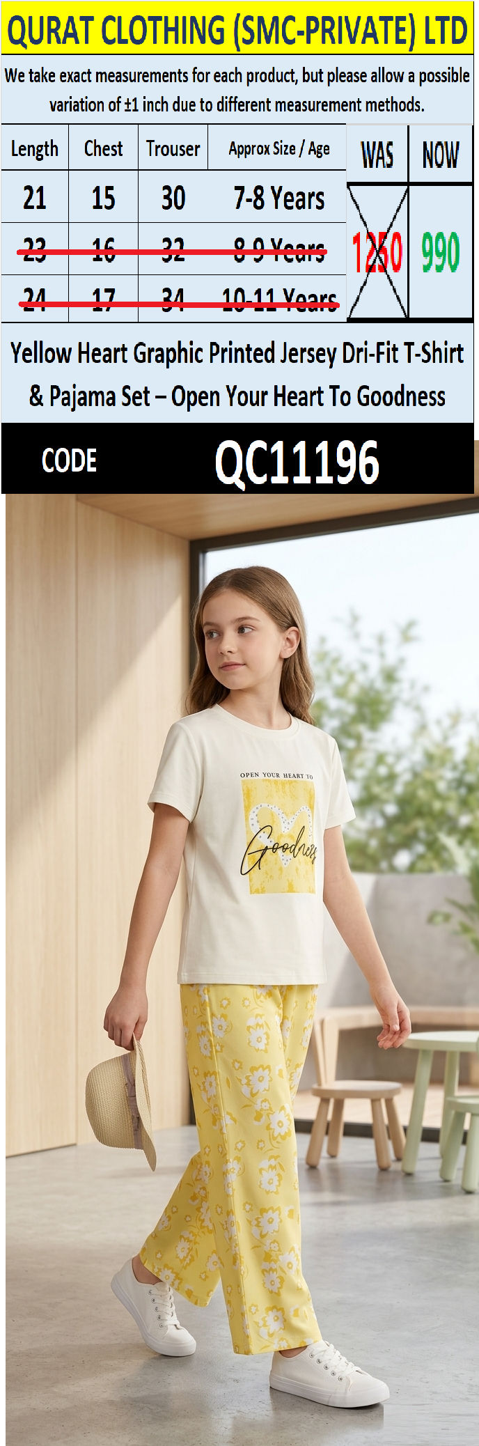 Yellow Heart Graphic Printed Jersey Dri-Fit T-Shirt & Pajama Set – Open Your Heart To Goodness - QC11196
