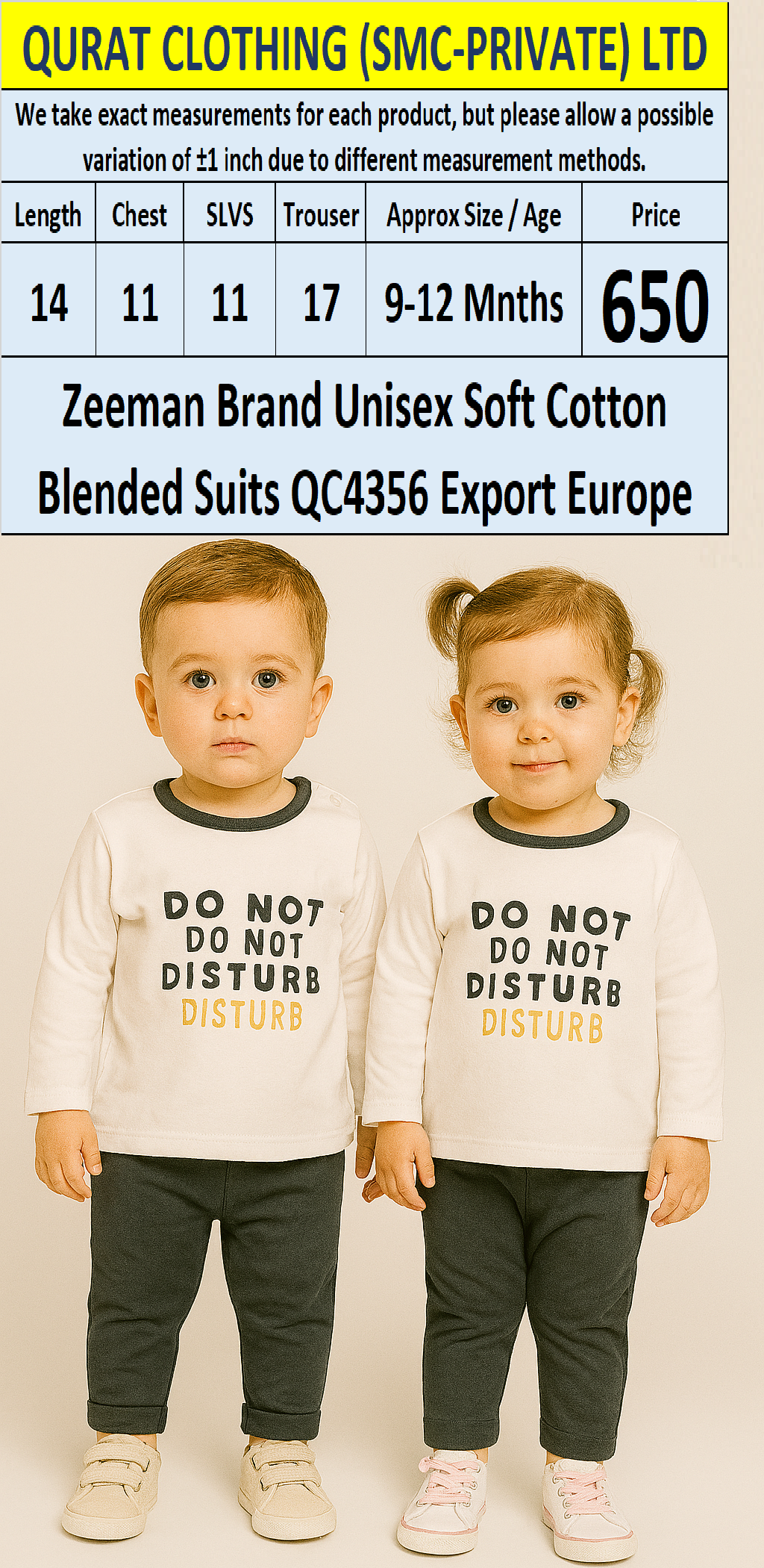 Zeeman Brand Unisex Soft Cotton Blended Suits QC4356 Export Europe 