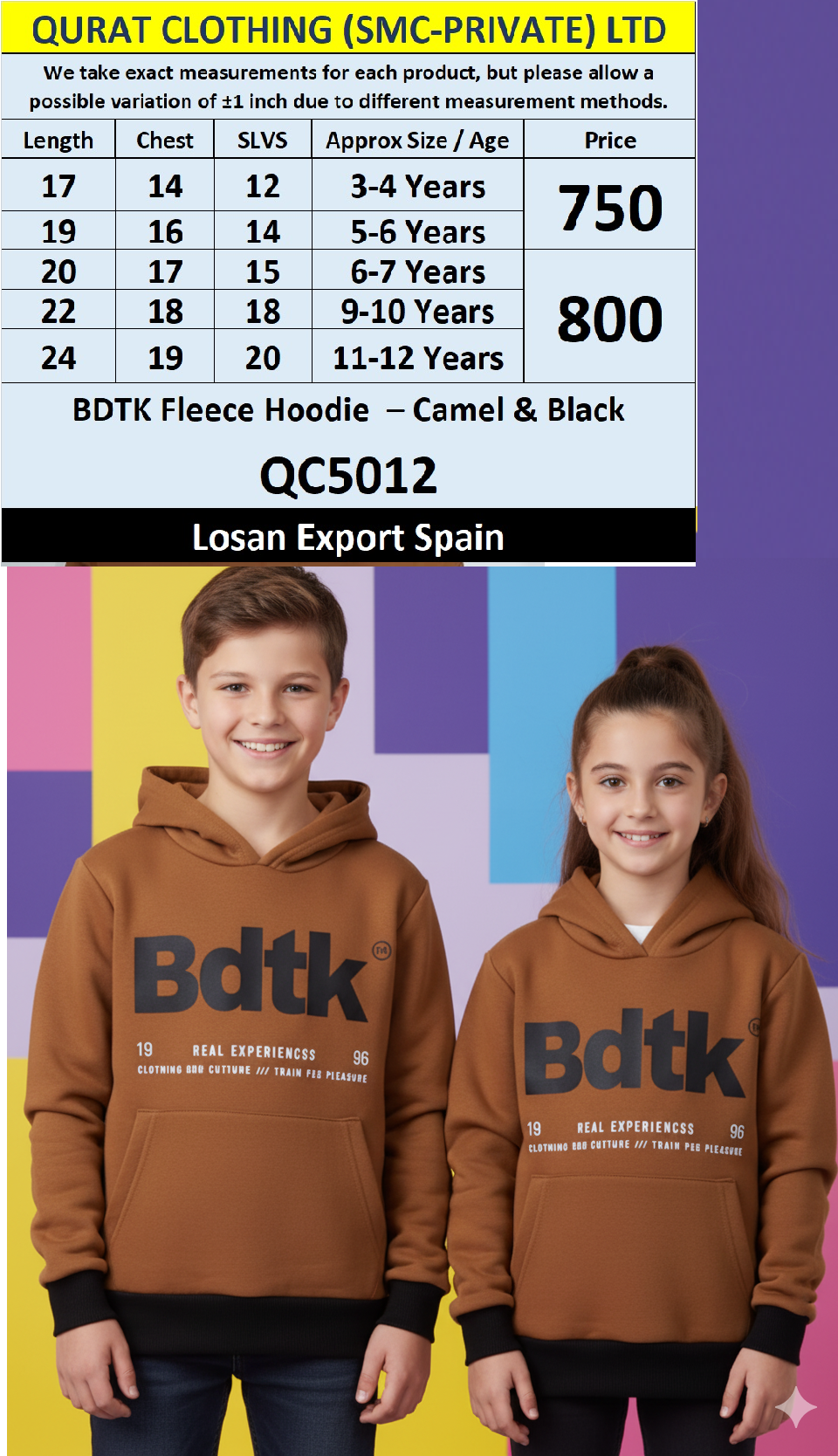 Losan Brand BDTK Fleece Hoodie – Camel & Black QC5012 – Export Spain