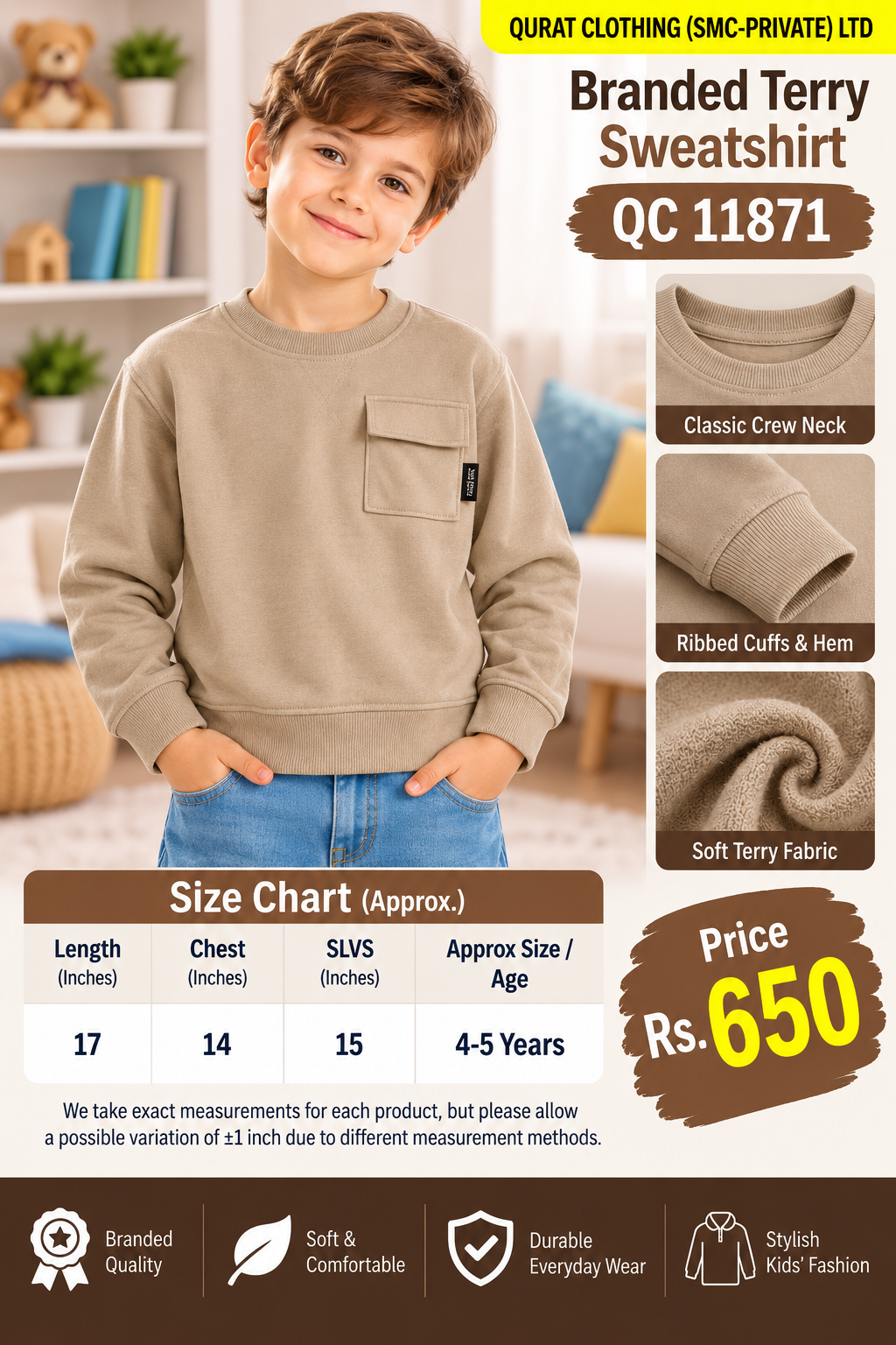 Branded beige terry sweatshirt with flap chest pocket and plain crew neck design — QC11871
