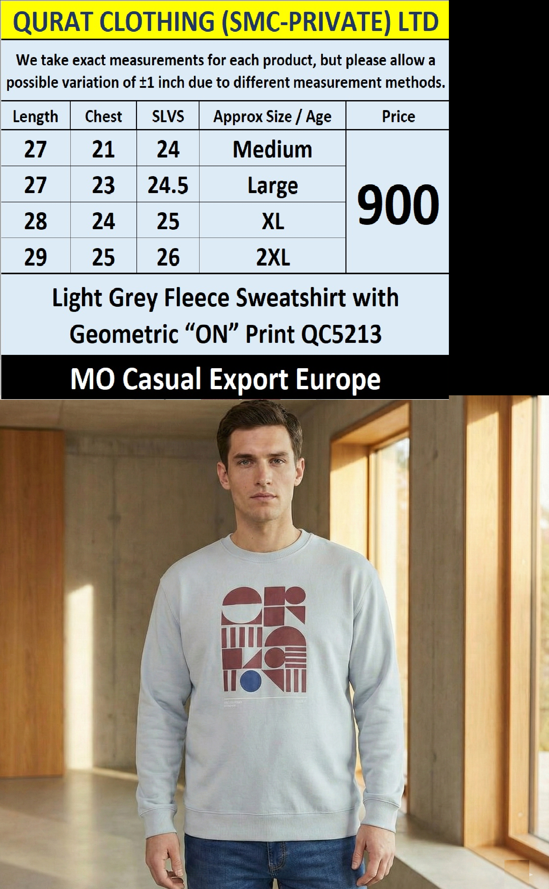 MO Casual Light Grey Fleece Sweatshirt “ON” Geometric Print QC5213 – Export Europe
