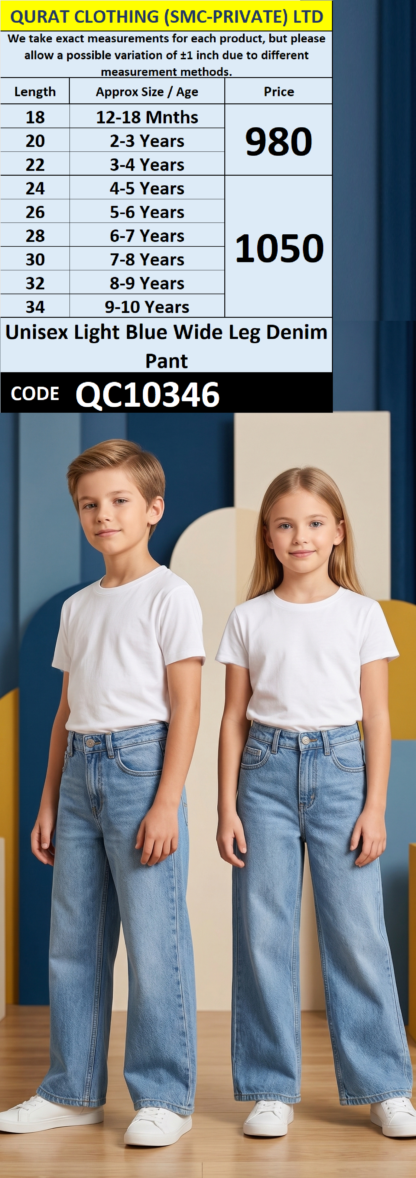 Unisex Light Blue Wide Leg Denim Pant QC10346