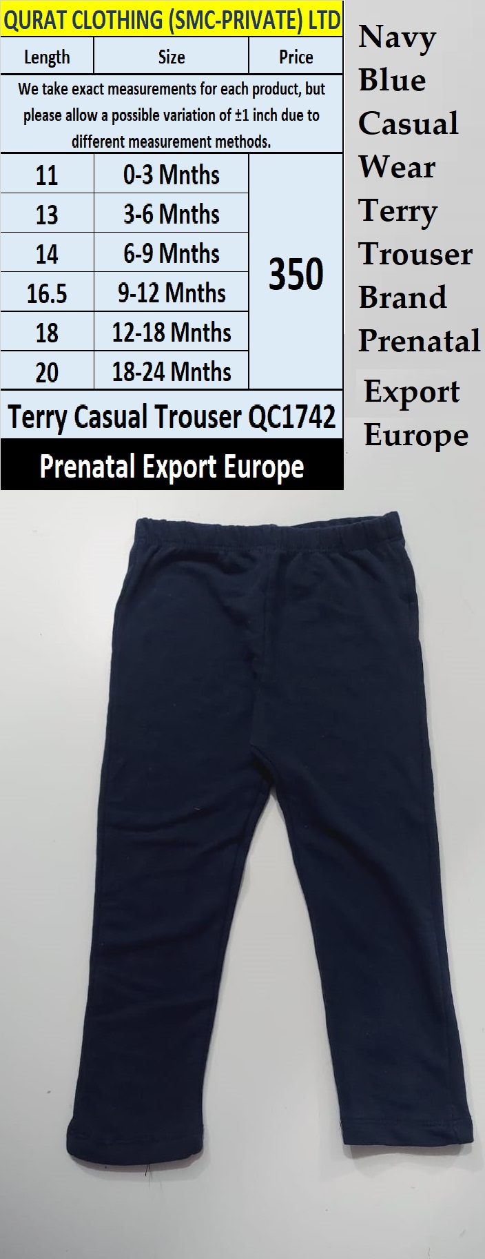 Navy Blue Prenatal Brand Terry Casual Trouser QC1742 Export Europe