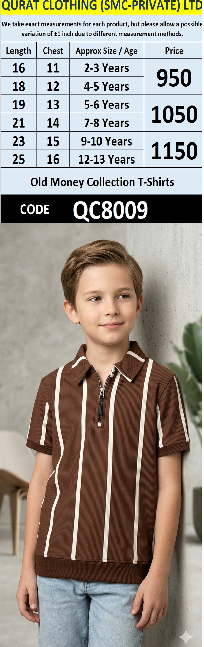 Old Money Brown Ribbed Half-Zip Polo T-Shirt with Vertical Cream Stripe Design QC8009