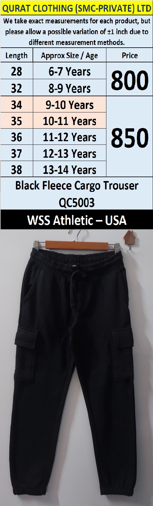 WSS Athletic Brand Black Fleece Cargo Trouser QC5003 – Export USA