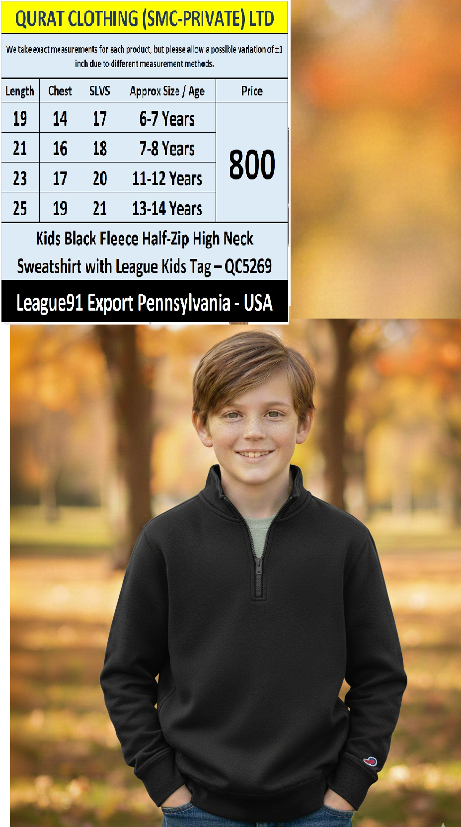 League91 Black Fleece Half-Zip High Neck Kids Sweatshirt QC5269 – Export Pennsylvania USA