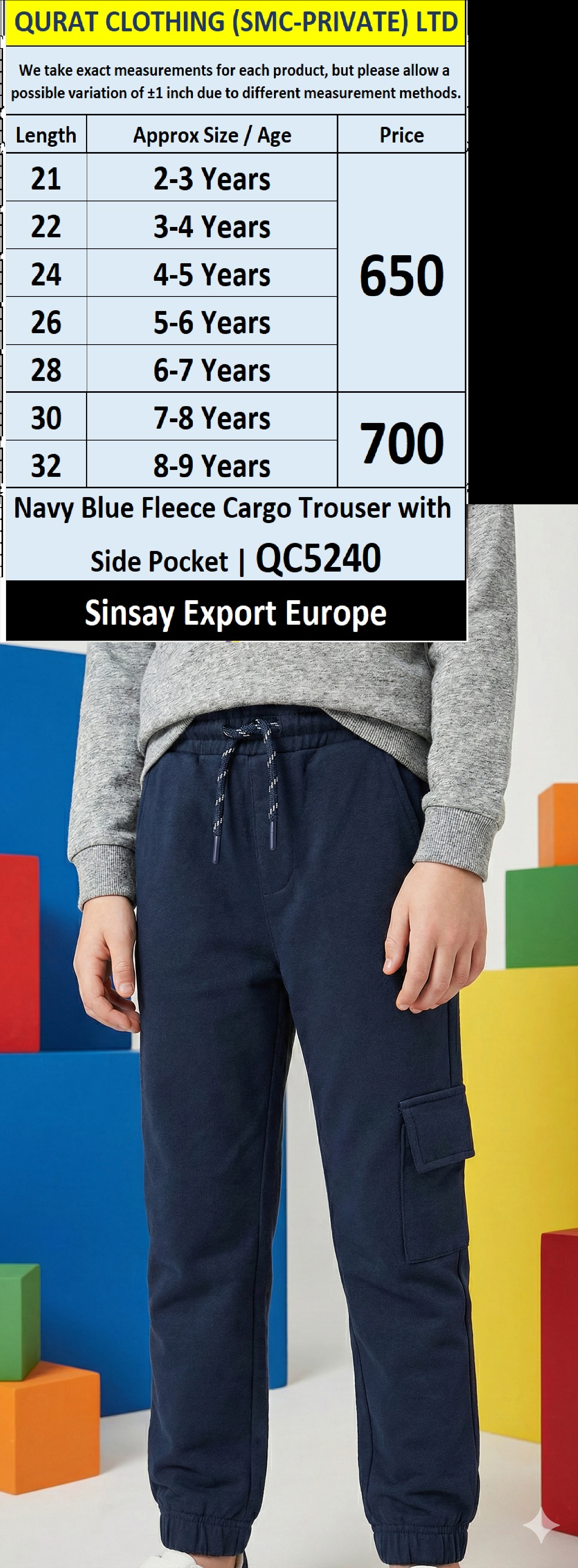 Navy Blue Fleece Cargo Trouser with Side Pocket | Sinsay Export Europe | QC5240