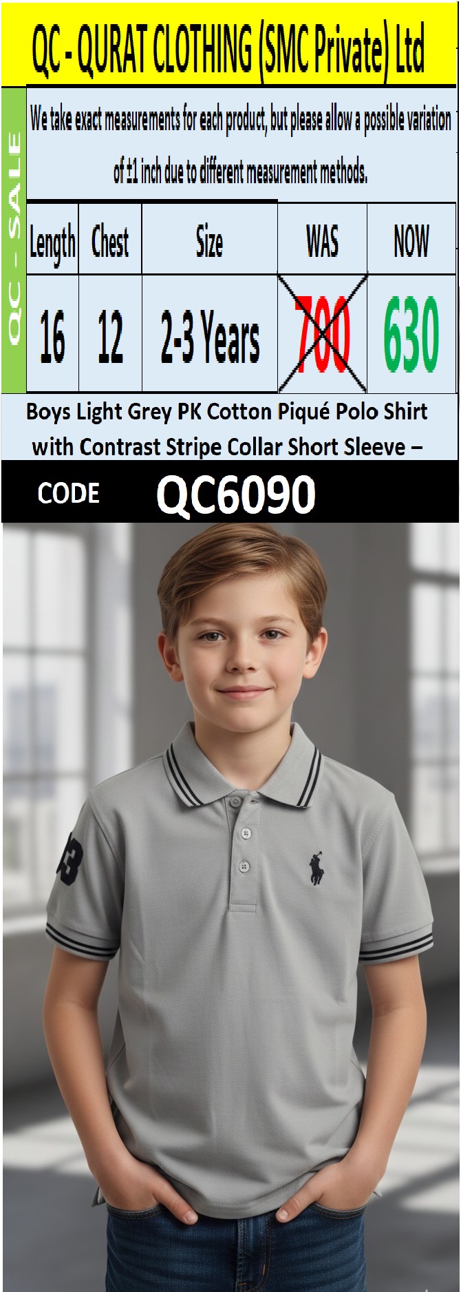 Boys Light Grey PK Cotton Piqué Polo Shirt with Contrast Stripe Collar Short Sleeve – Premium Smart Polo QC6090