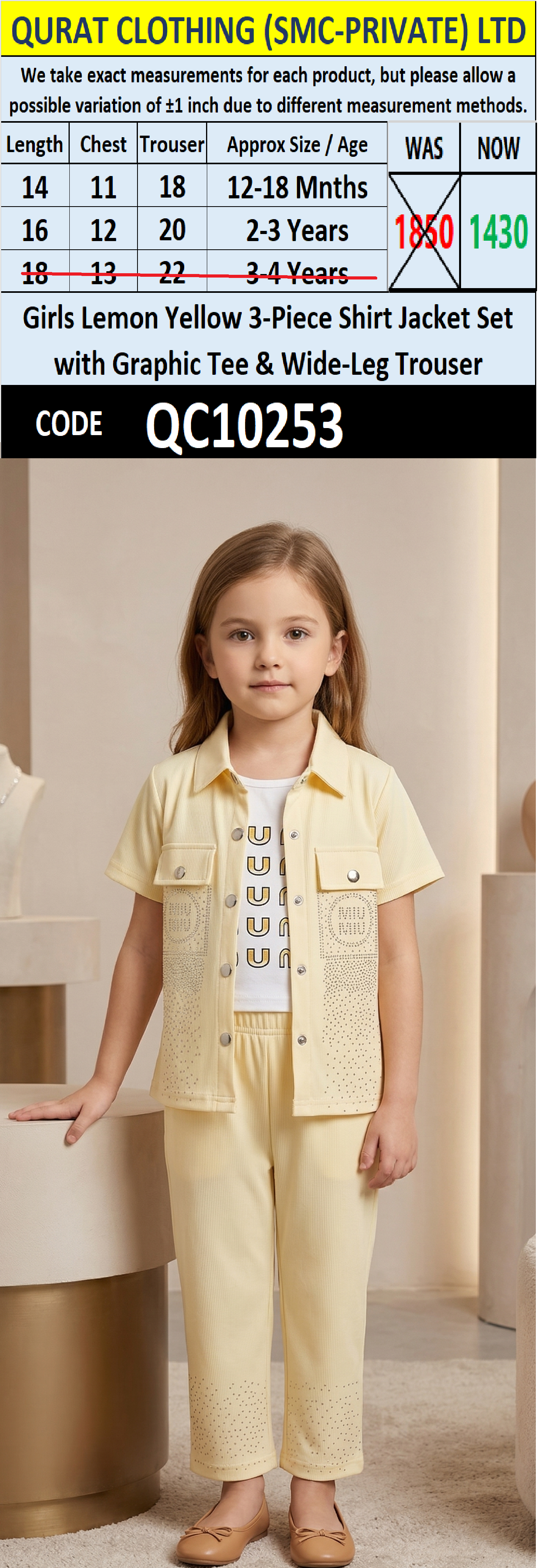 Girls Lemon Yellow 3-Piece Shirt Jacket Set with Graphic Tee & Wide-Leg Trouser – QC10253