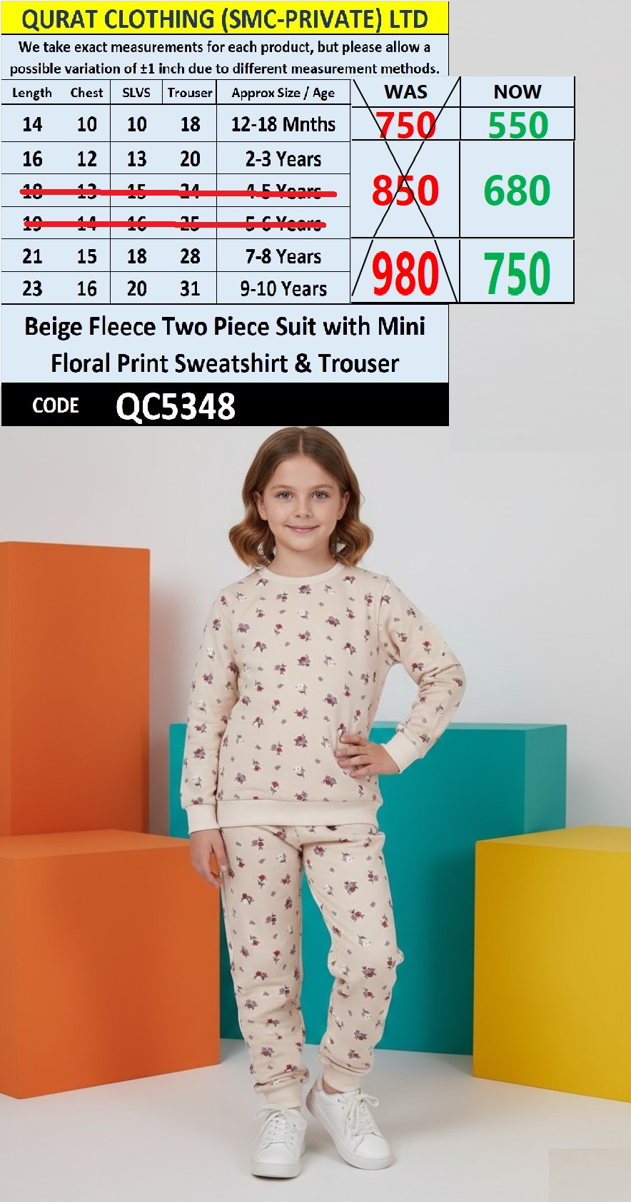 Beige Kids Fleece Two Piece Suit with Mini Floral Print Sweatshirt & Trouser QC5348